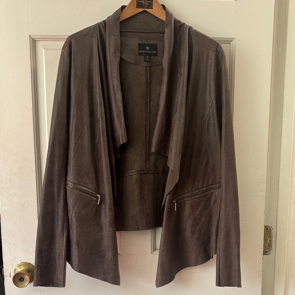 Worthington Brown Draped Open-Front Faux Leather Jacket